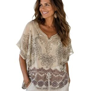 Cocomo Sequin Top Womens Medium Cream Paisley Tie Waist Sheer Kaftan Resortwear